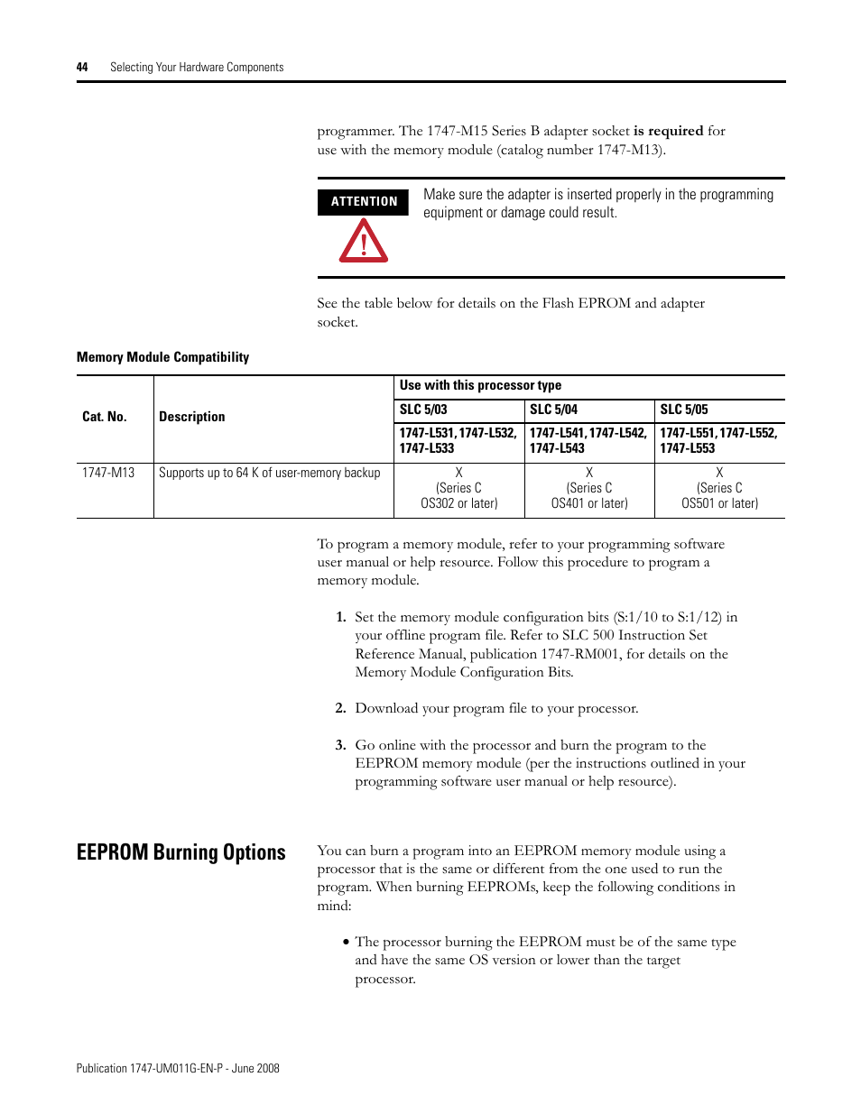 Eeprom burning options | Rockwell Automation 1747-L5xx SLC 500 Modular Hardware Style User Manual User Manual | Page 44 / 296