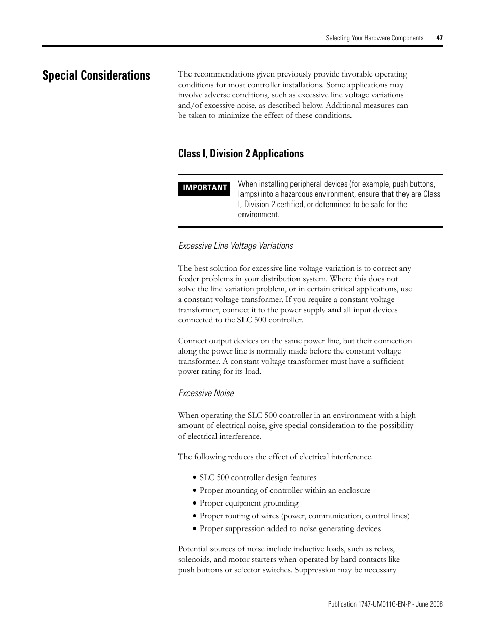 Special considerations, Class i, division 2 applications | Rockwell Automation 1747-L5xx SLC 500 Modular Hardware Style User Manual User Manual | Page 47 / 296