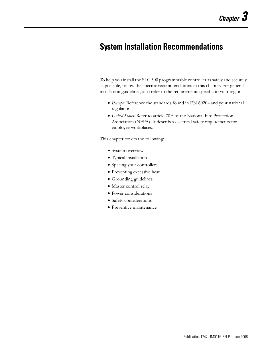 3 - system installation recommendations, Chapter 3, System installation recommendations | Chapter | Rockwell Automation 1747-L5xx SLC 500 Modular Hardware Style User Manual User Manual | Page 55 / 296