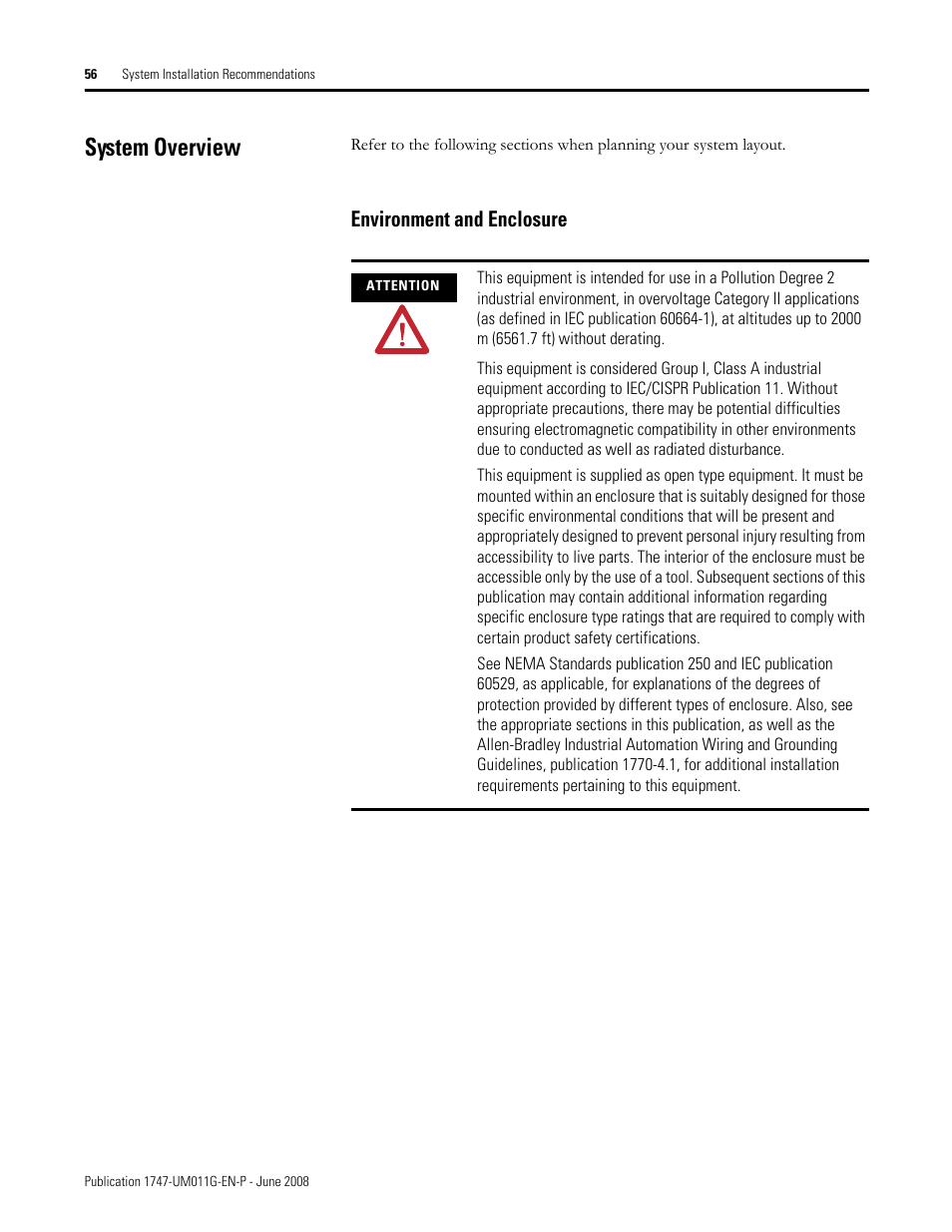 System overview, Environment and enclosure | Rockwell Automation 1747-L5xx SLC 500 Modular Hardware Style User Manual User Manual | Page 56 / 296