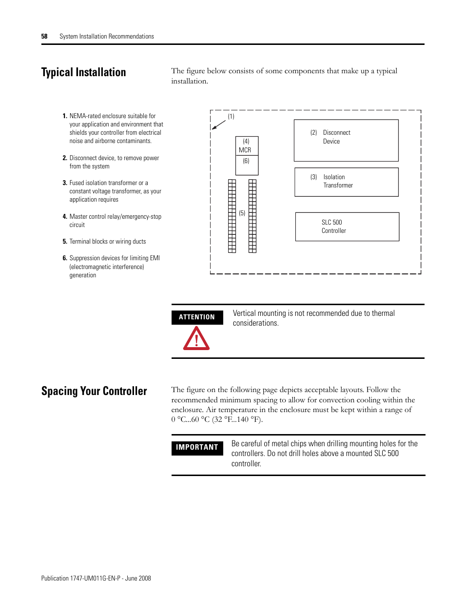 Typical installation, Spacing your controller, Typical installation spacing your controller | Rockwell Automation 1747-L5xx SLC 500 Modular Hardware Style User Manual User Manual | Page 58 / 296