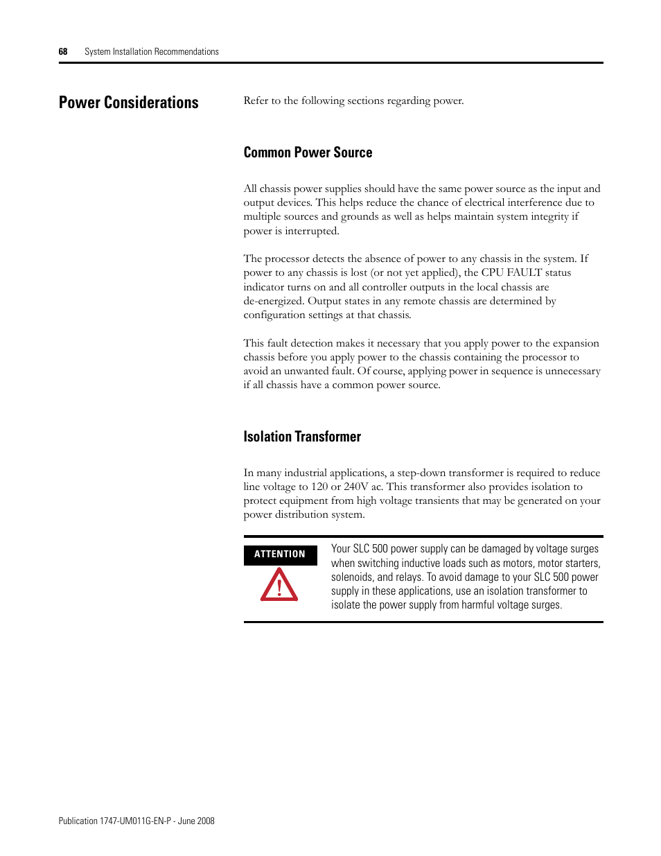 Power considerations, Common power source isolation transformer, Common power source | Isolation transformer | Rockwell Automation 1747-L5xx SLC 500 Modular Hardware Style User Manual User Manual | Page 68 / 296