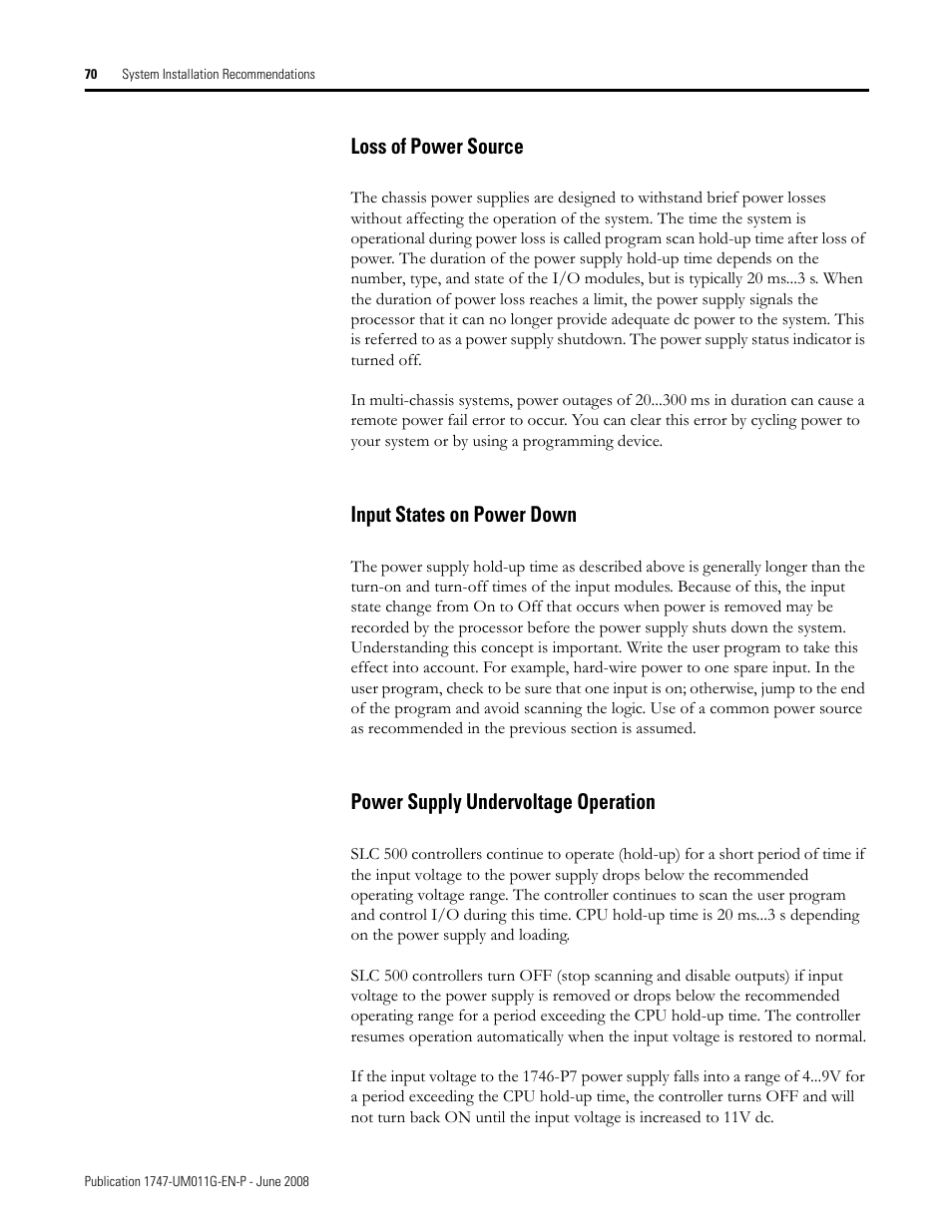 Loss of power source, Input states on power down, Power supply undervoltage operation | Rockwell Automation 1747-L5xx SLC 500 Modular Hardware Style User Manual User Manual | Page 70 / 296