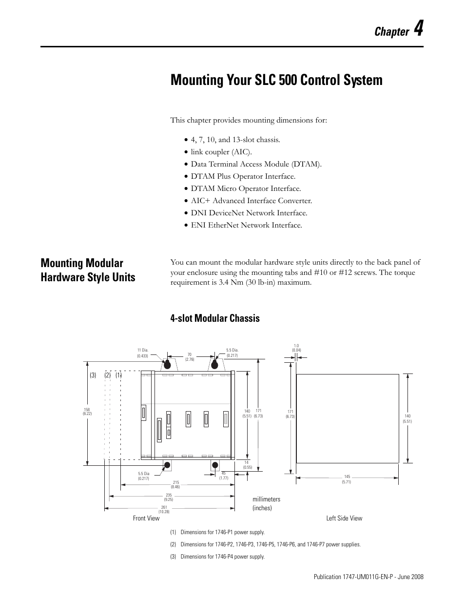 4 - mounting your slc 500 control system, Mounting modular hardware style units, Chapter 4 | Mounting your slc 500 control system, Slot modular chassis, Chapter | Rockwell Automation 1747-L5xx SLC 500 Modular Hardware Style User Manual User Manual | Page 75 / 296