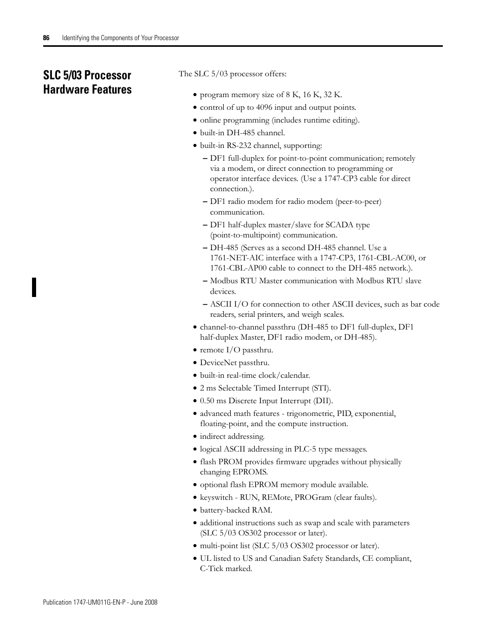 Slc 5/03 processor hardware features | Rockwell Automation 1747-L5xx SLC 500 Modular Hardware Style User Manual User Manual | Page 86 / 296