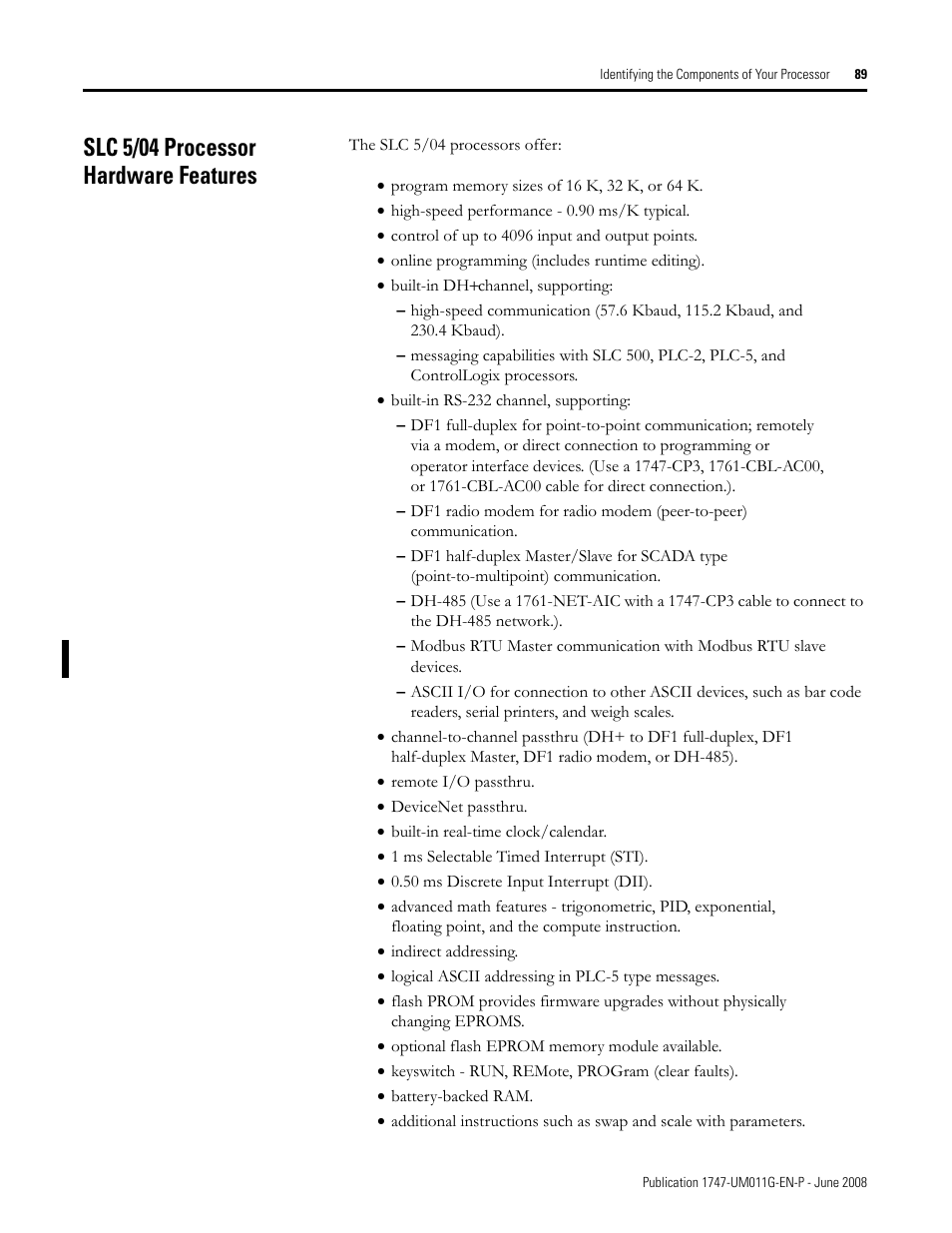 Slc 5/04 processor hardware features | Rockwell Automation 1747-L5xx SLC 500 Modular Hardware Style User Manual User Manual | Page 89 / 296