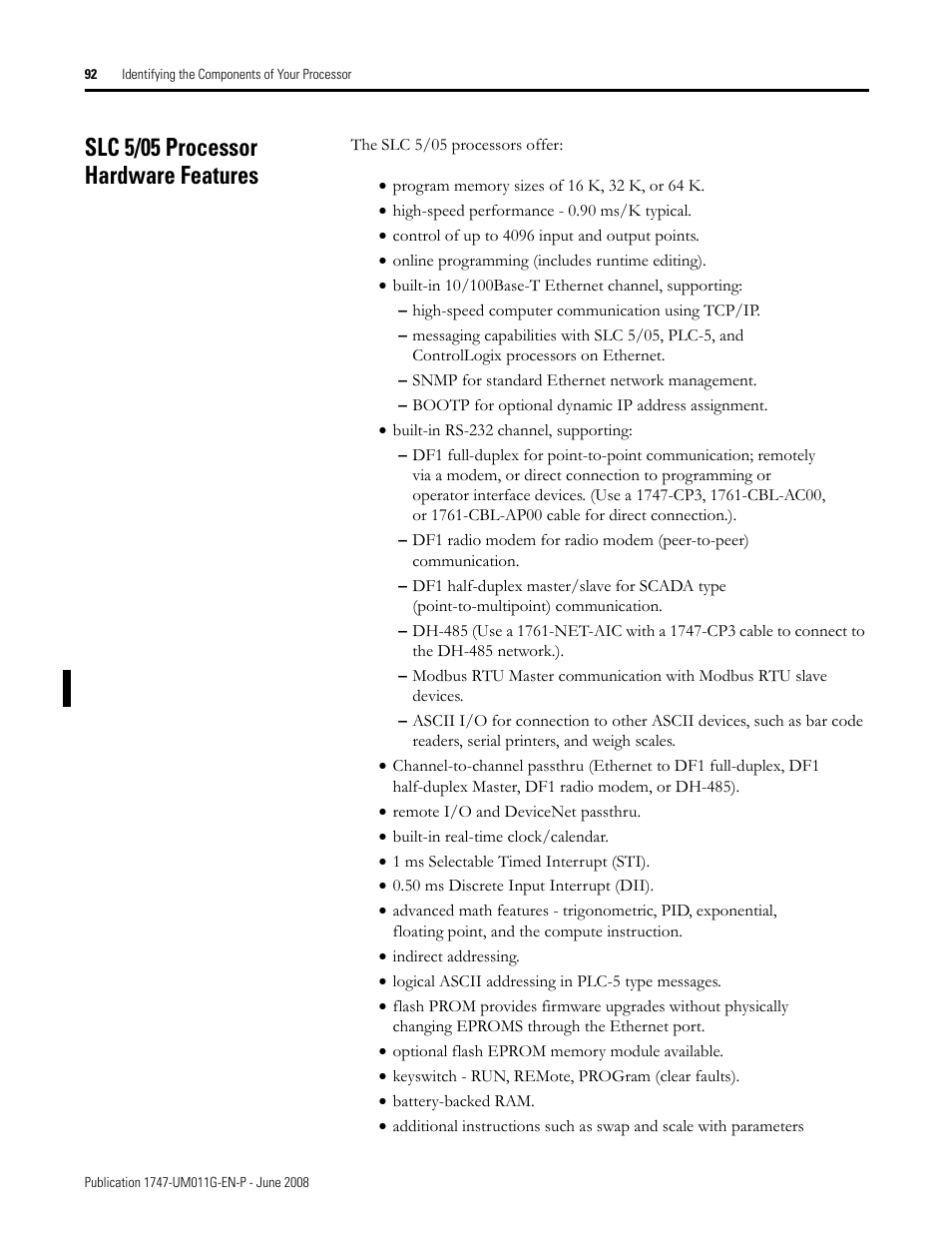 Slc 5/05 processor hardware features | Rockwell Automation 1747-L5xx SLC 500 Modular Hardware Style User Manual User Manual | Page 92 / 296