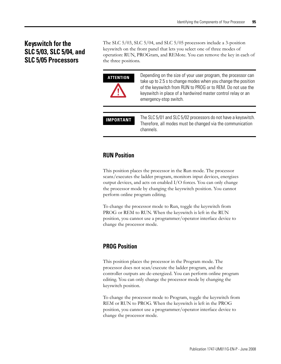 Run position prog position, Run position, Prog position | Rockwell Automation 1747-L5xx SLC 500 Modular Hardware Style User Manual User Manual | Page 95 / 296