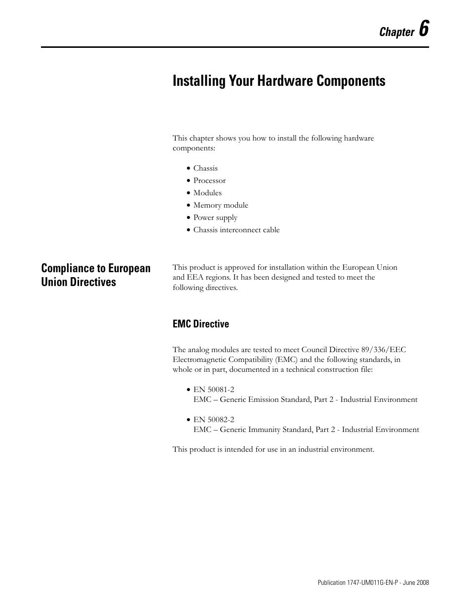 6 - installing your hardware components, Compliance to european union directives, Chapter 6 | Installing your hardware components, Emc directive, Chapter | Rockwell Automation 1747-L5xx SLC 500 Modular Hardware Style User Manual User Manual | Page 97 / 296