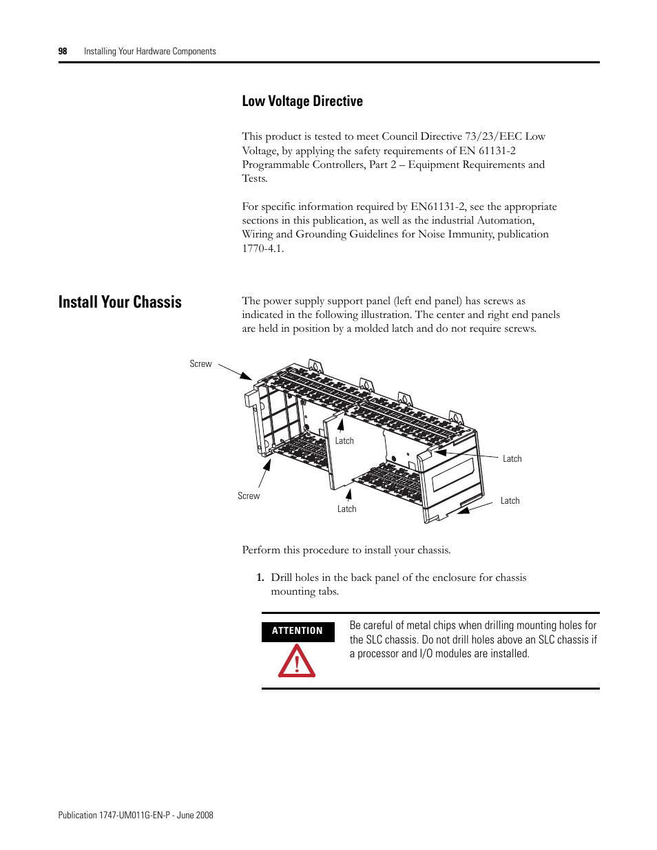 Install your chassis, Low voltage directive | Rockwell Automation 1747-L5xx SLC 500 Modular Hardware Style User Manual User Manual | Page 98 / 296