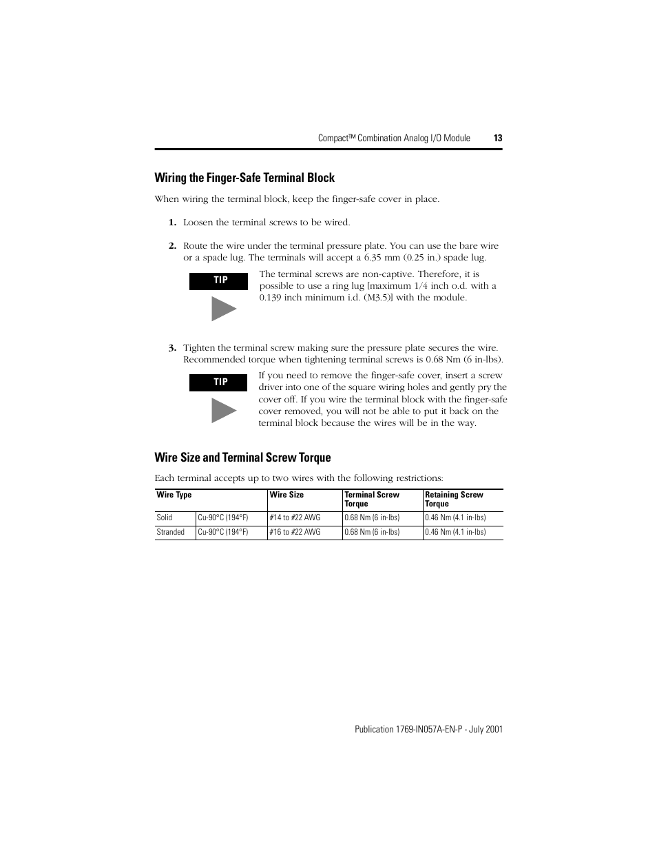 Wiring the finger-safe terminal block, Wire size and terminal screw torque | Rockwell Automation 1769-IF4XOF2 Compact Combination Analog Module User Manual | Page 13 / 24