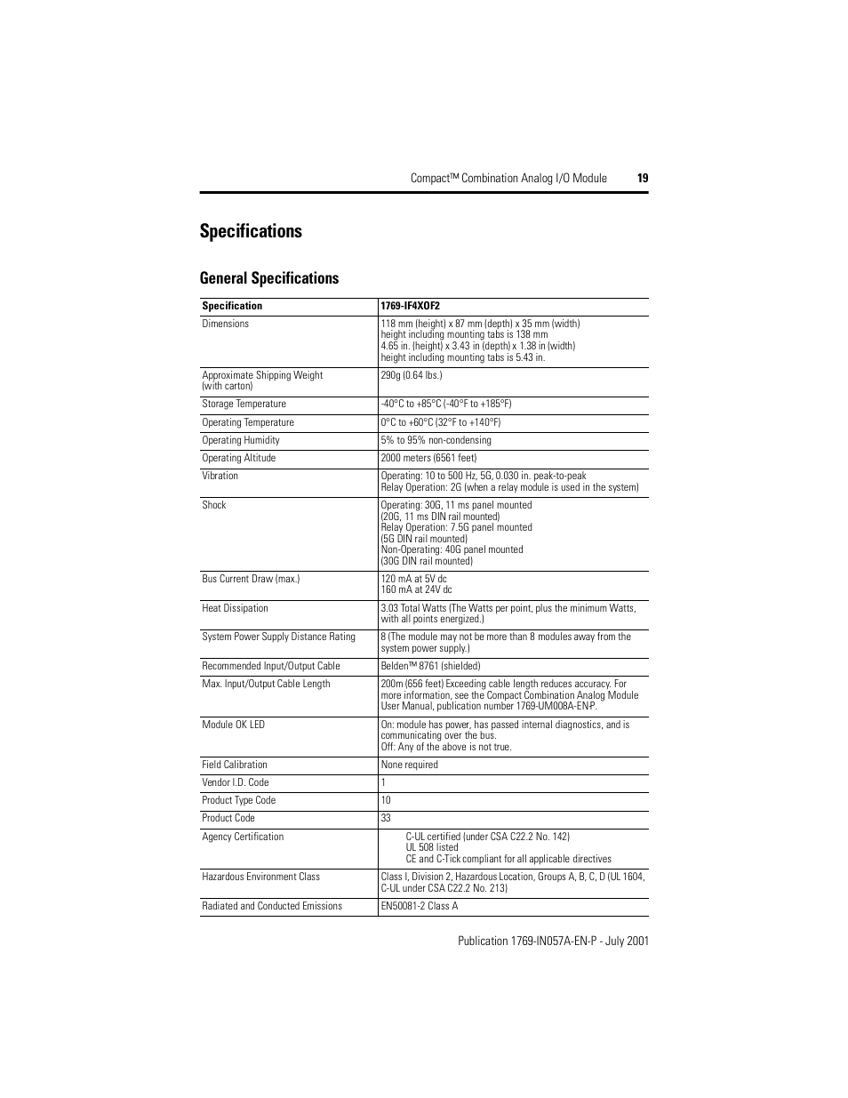 Specifications, General specifications | Rockwell Automation 1769-IF4XOF2 Compact Combination Analog Module User Manual | Page 19 / 24