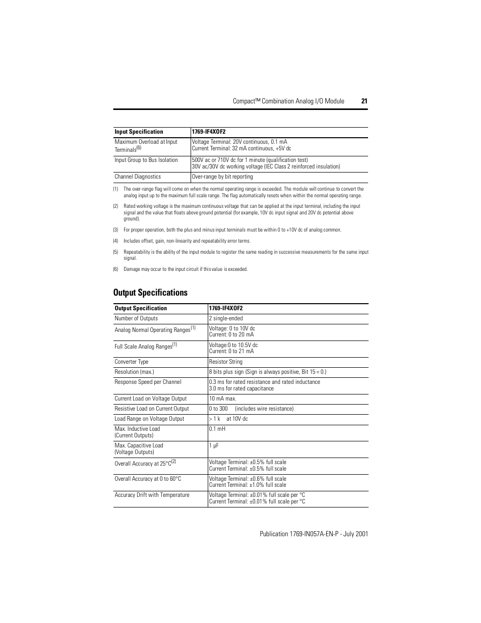 Output specifications | Rockwell Automation 1769-IF4XOF2 Compact Combination Analog Module User Manual | Page 21 / 24