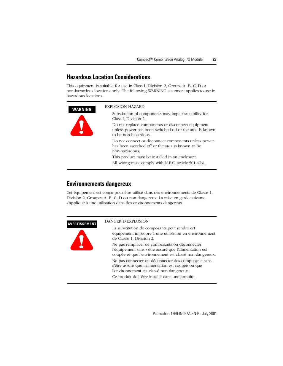 Hazardous location considerations, Environnements dangereux | Rockwell Automation 1769-IF4XOF2 Compact Combination Analog Module User Manual | Page 23 / 24