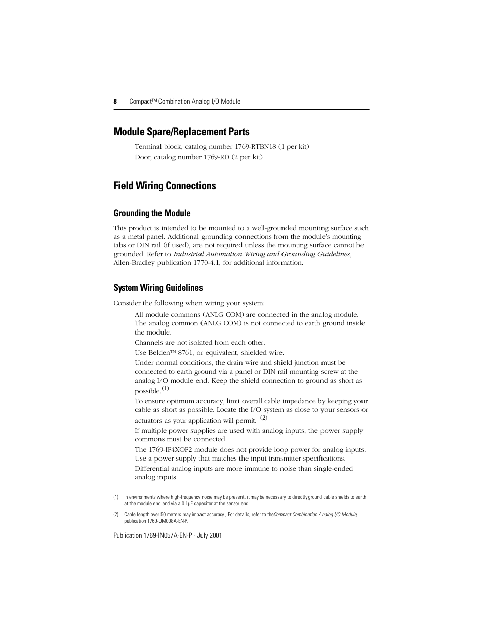 Module spare/replacement parts, Field wiring connections, Grounding the module | System wiring guidelines | Rockwell Automation 1769-IF4XOF2 Compact Combination Analog Module User Manual | Page 8 / 24