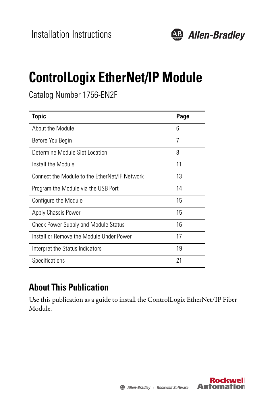 Rockwell Automation 1756-EN2F ControlLogix EtherNet/IP Module Installation Instructions User Manual | 28 pages