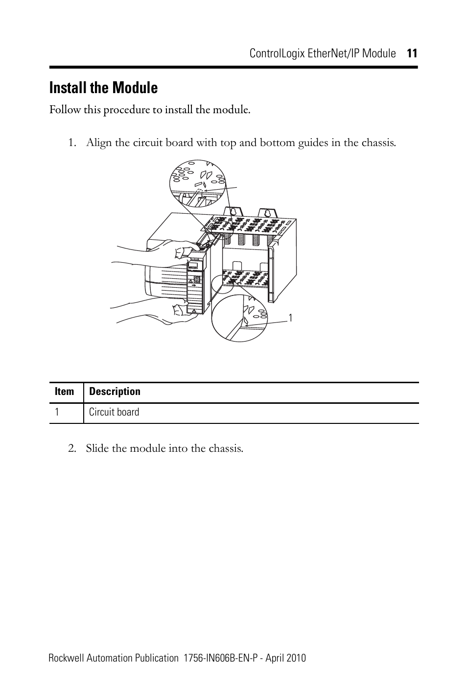 Install the module | Rockwell Automation 1756-EN2F ControlLogix EtherNet/IP Module Installation Instructions User Manual | Page 11 / 28