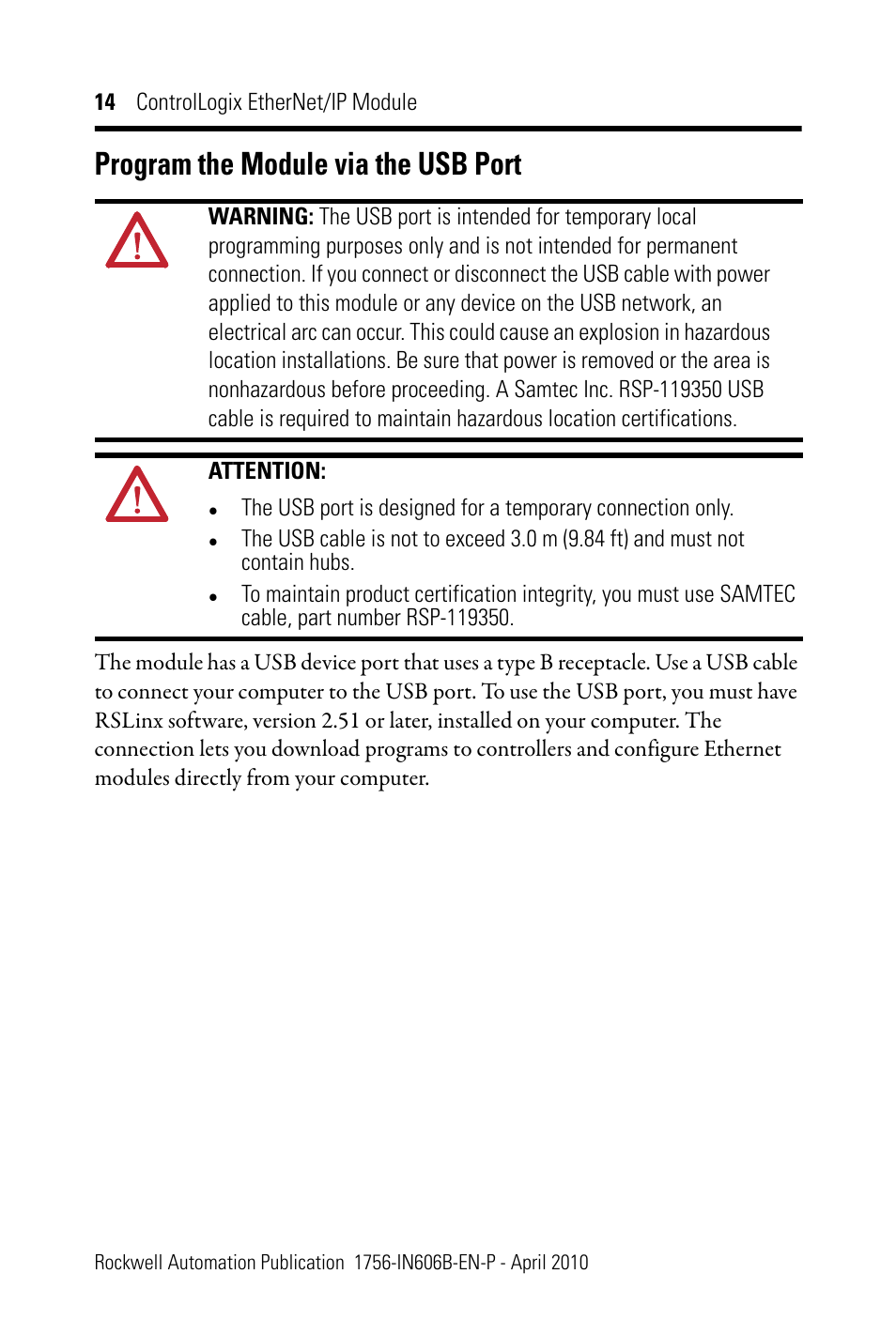 Program the module via the usb port | Rockwell Automation 1756-EN2F ControlLogix EtherNet/IP Module Installation Instructions User Manual | Page 14 / 28