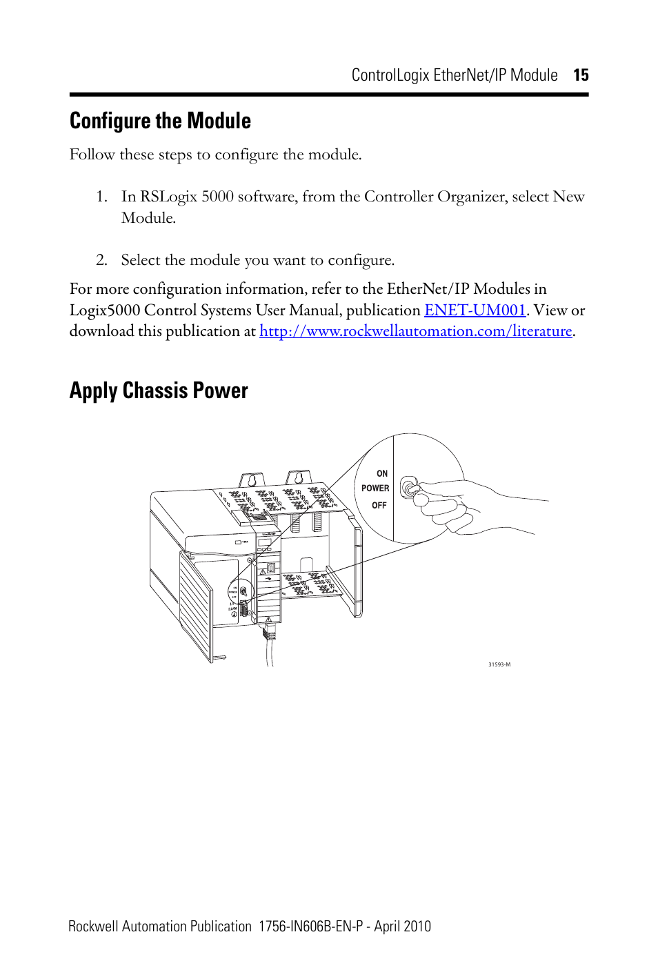 Configure the module, Apply chassis power | Rockwell Automation 1756-EN2F ControlLogix EtherNet/IP Module Installation Instructions User Manual | Page 15 / 28