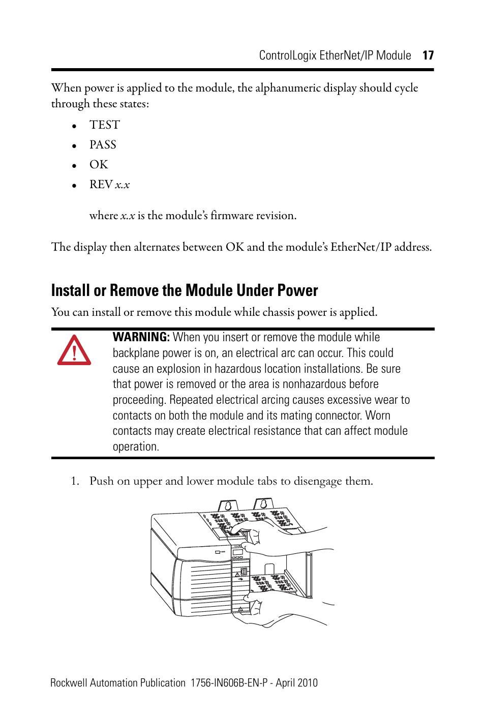 Install or remove the module under power | Rockwell Automation 1756-EN2F ControlLogix EtherNet/IP Module Installation Instructions User Manual | Page 17 / 28