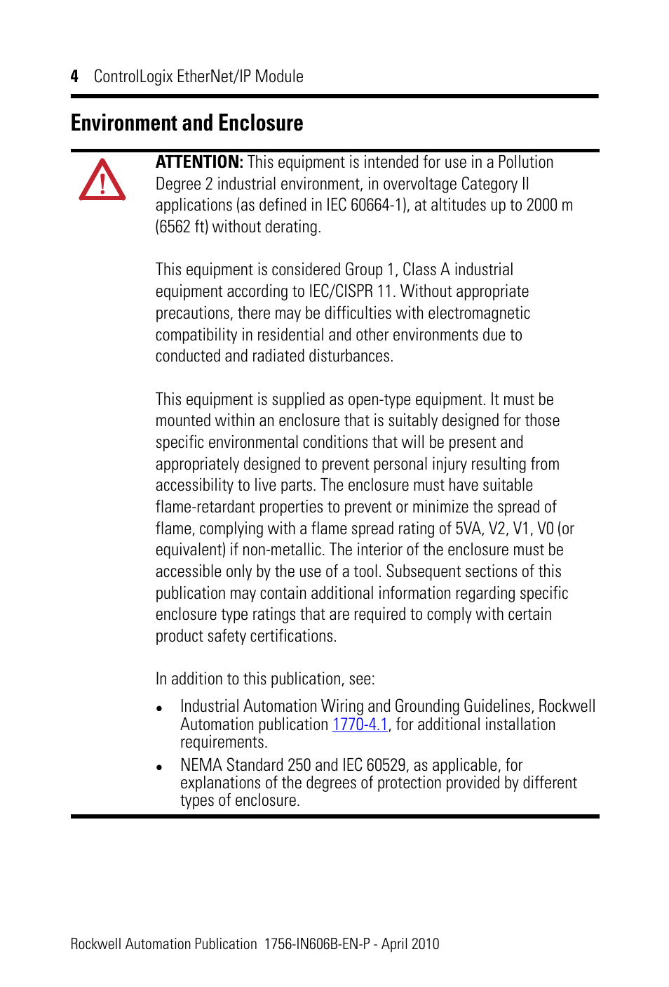 Environment and enclosure | Rockwell Automation 1756-EN2F ControlLogix EtherNet/IP Module Installation Instructions User Manual | Page 4 / 28