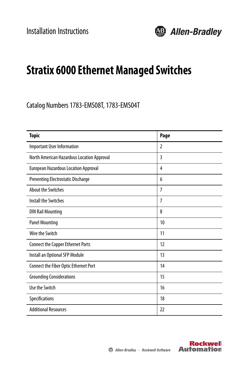 Rockwell Automation 1783-EMS08T Stratix 6000 Ethernet Managed Switches Installation Instructions User Manual | 24 pages