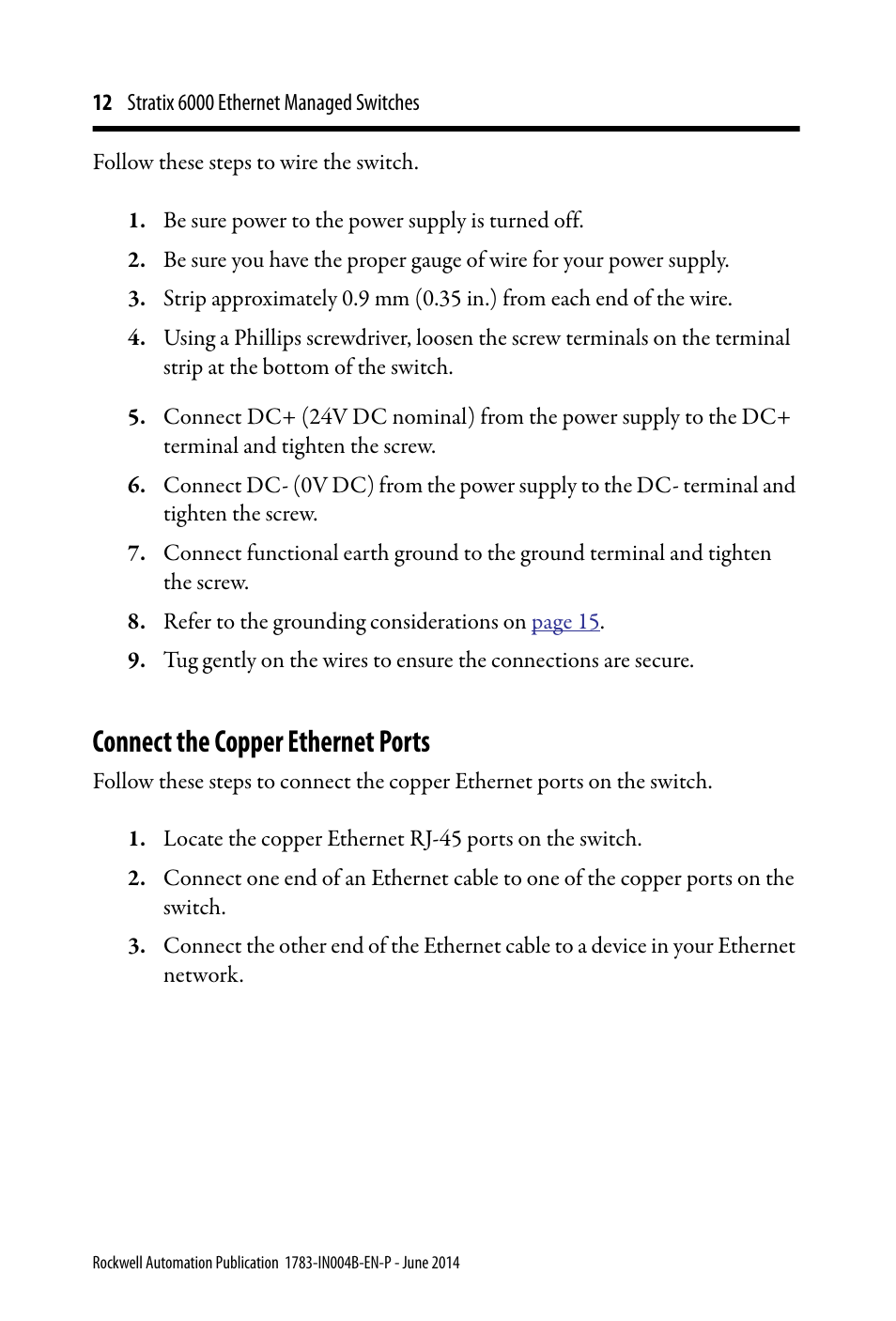 Connect the copper ethernet ports | Rockwell Automation 1783-EMS08T Stratix 6000 Ethernet Managed Switches Installation Instructions User Manual | Page 12 / 24