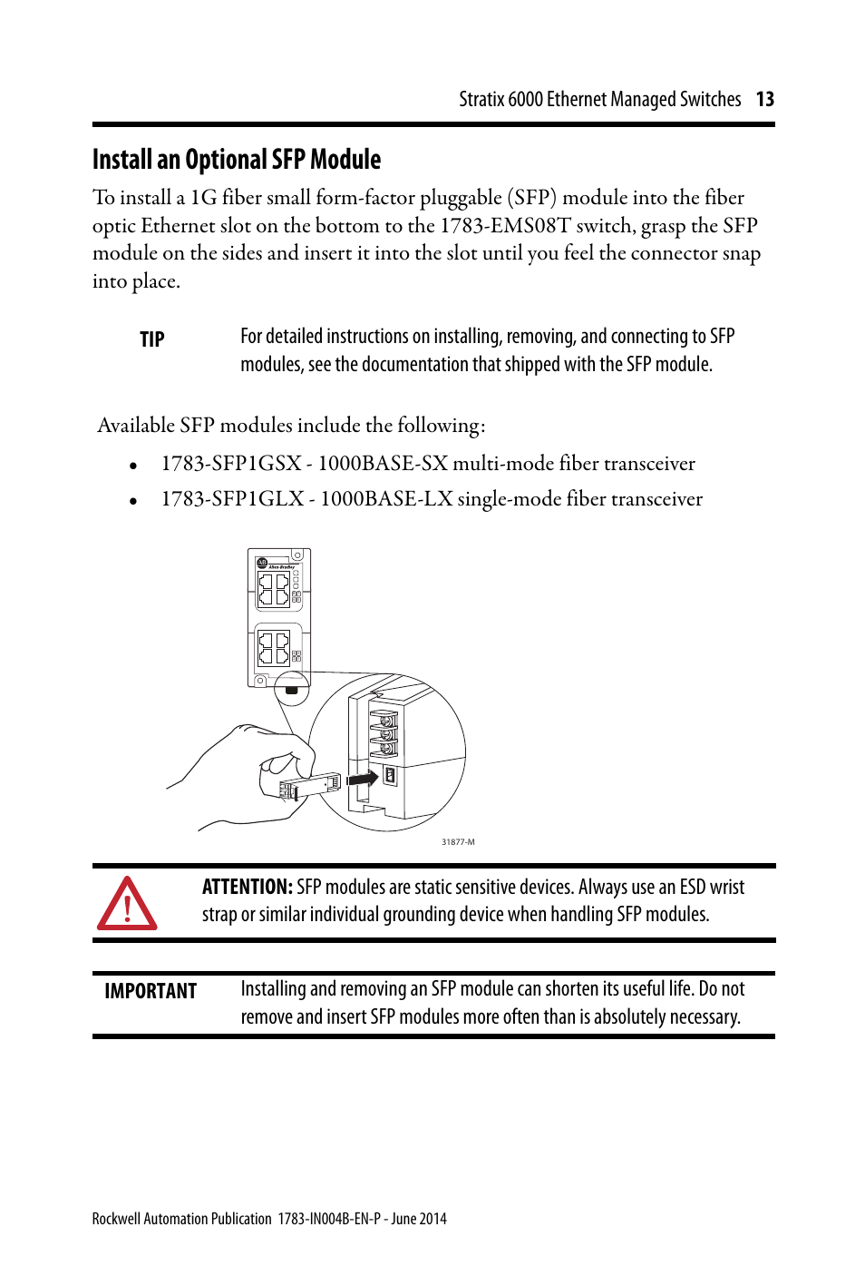 Install an optional sfp module | Rockwell Automation 1783-EMS08T Stratix 6000 Ethernet Managed Switches Installation Instructions User Manual | Page 13 / 24