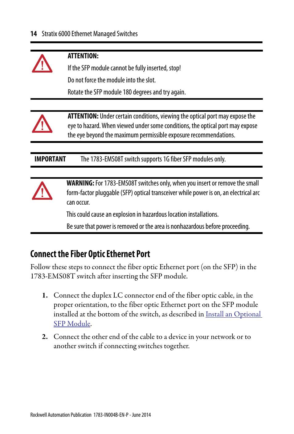 Connect the fiber optic ethernet port | Rockwell Automation 1783-EMS08T Stratix 6000 Ethernet Managed Switches Installation Instructions User Manual | Page 14 / 24