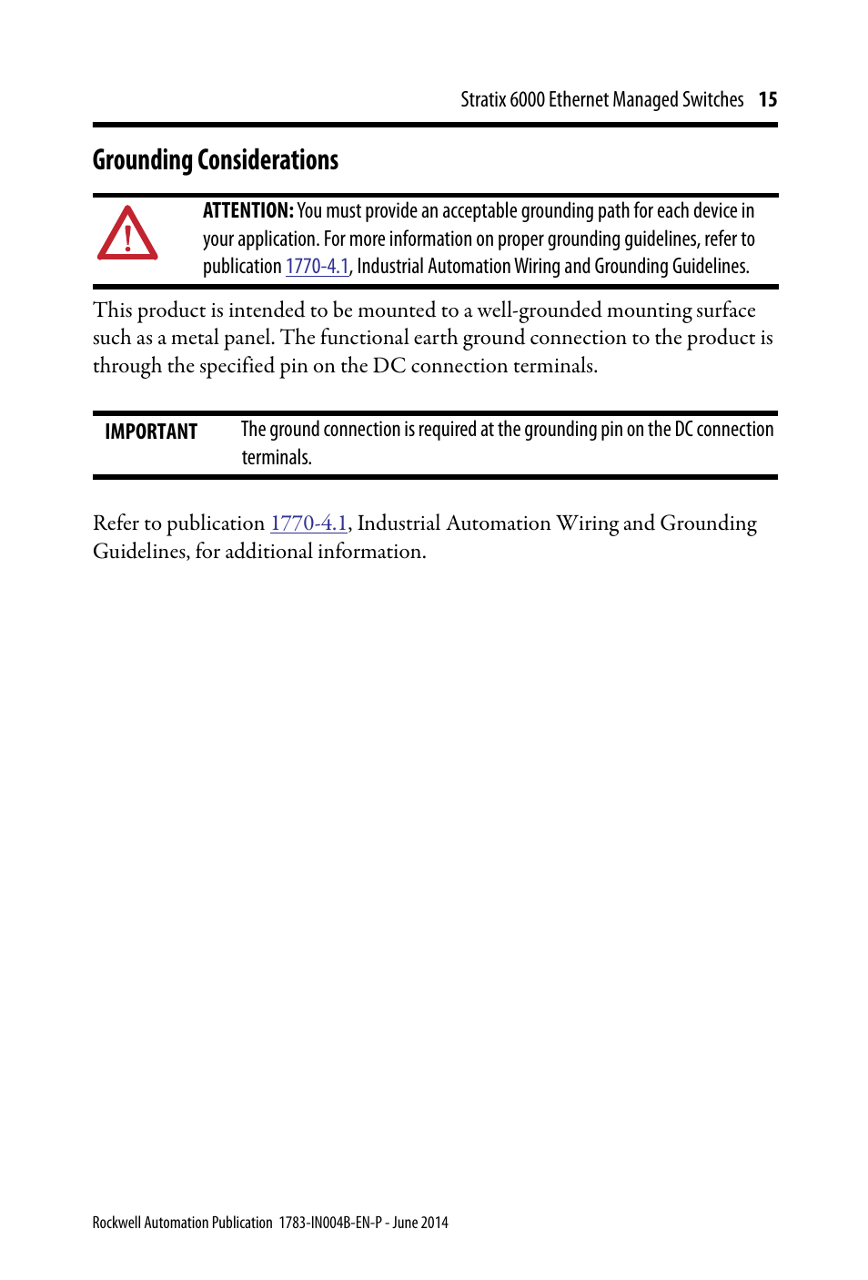 Grounding considerations | Rockwell Automation 1783-EMS08T Stratix 6000 Ethernet Managed Switches Installation Instructions User Manual | Page 15 / 24