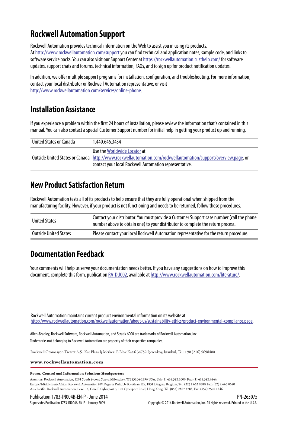 Back cover, Rockwell automation support, Installation assistance | New product satisfaction return, Documentation feedback | Rockwell Automation 1783-EMS08T Stratix 6000 Ethernet Managed Switches Installation Instructions User Manual | Page 24 / 24