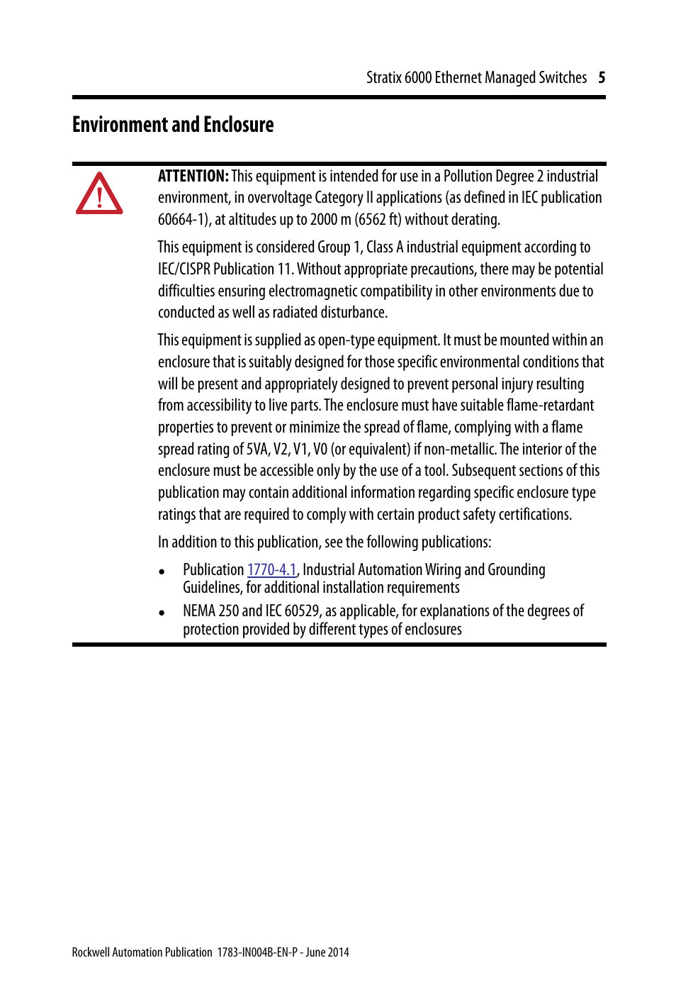 Environment and enclosure | Rockwell Automation 1783-EMS08T Stratix 6000 Ethernet Managed Switches Installation Instructions User Manual | Page 5 / 24