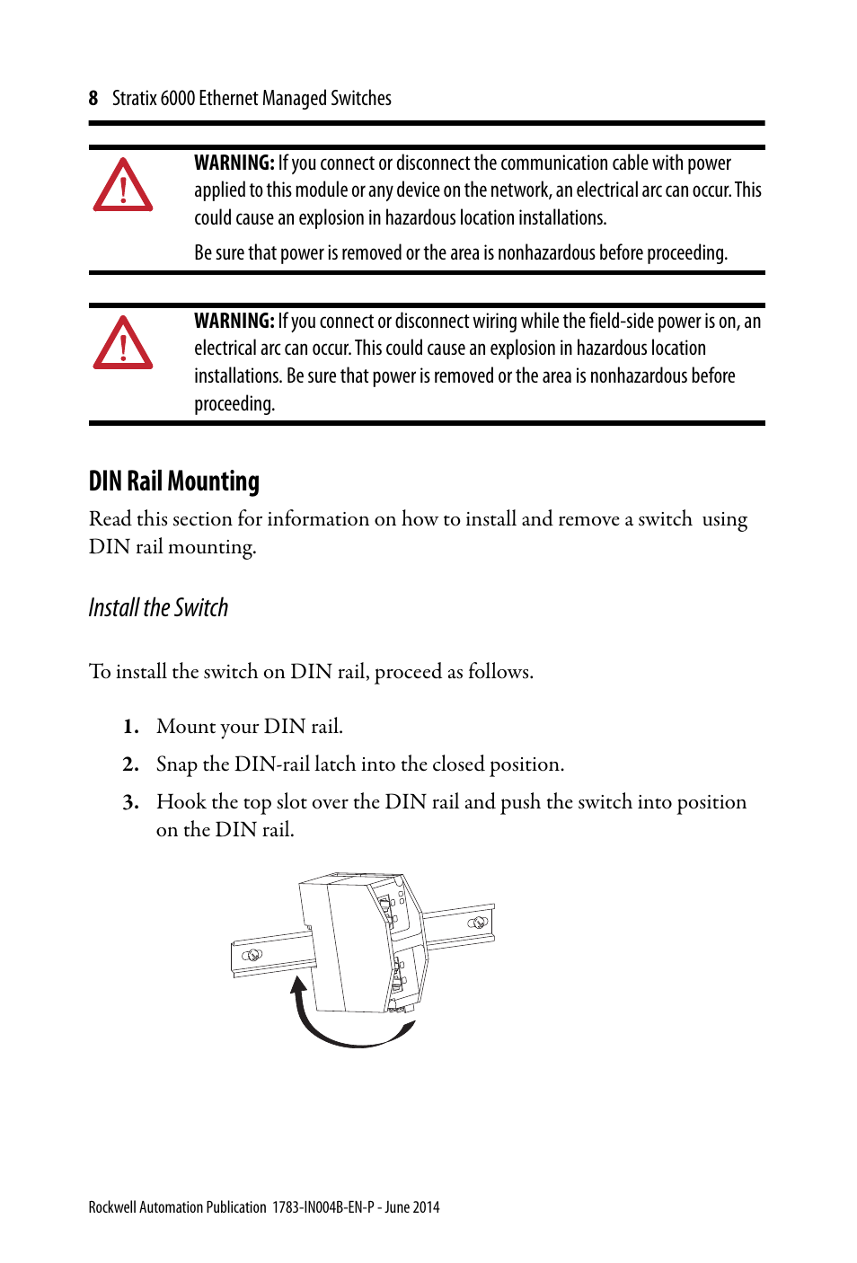 Din rail mounting, Install the switch | Rockwell Automation 1783-EMS08T Stratix 6000 Ethernet Managed Switches Installation Instructions User Manual | Page 8 / 24