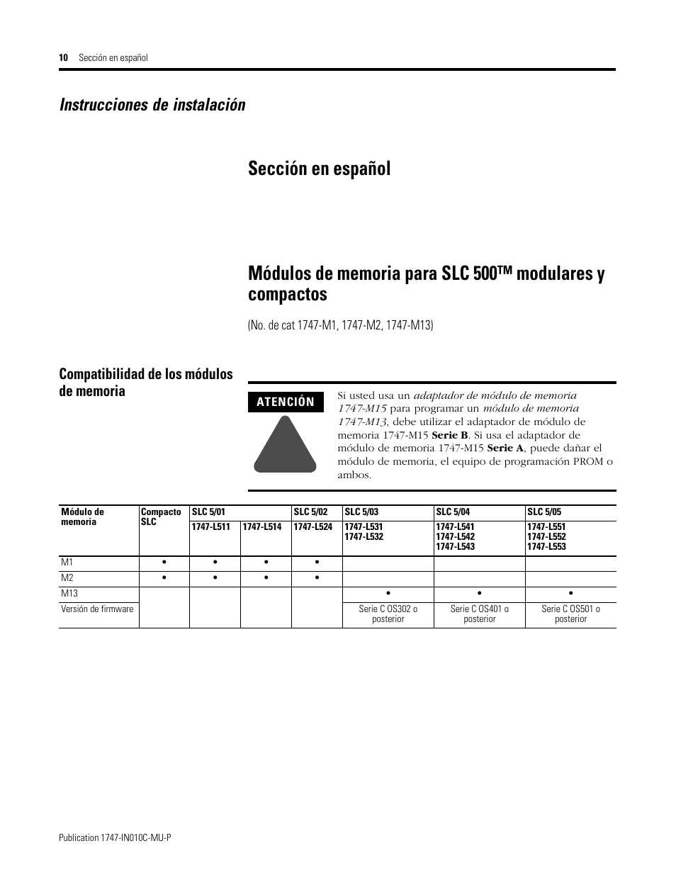 Compatibilidad de los módulos de memoria, Sección en español, Instrucciones de instalación | Rockwell Automation 1747-Mx SLC 500 Memory Modules for Fixed and Modular Controllers User Manual | Page 10 / 12