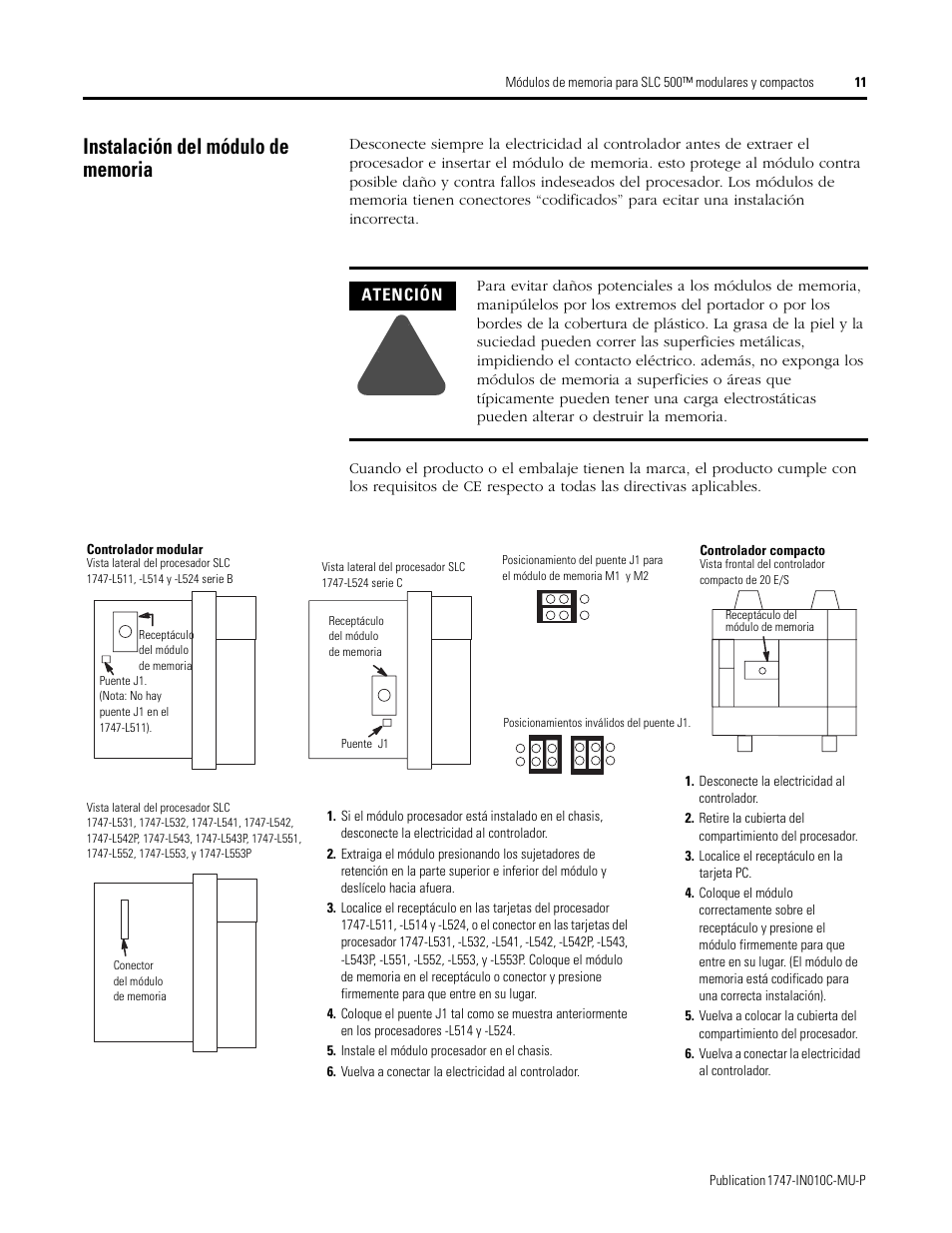 Instalación del módulo de memoria | Rockwell Automation 1747-Mx SLC 500 Memory Modules for Fixed and Modular Controllers User Manual | Page 11 / 12