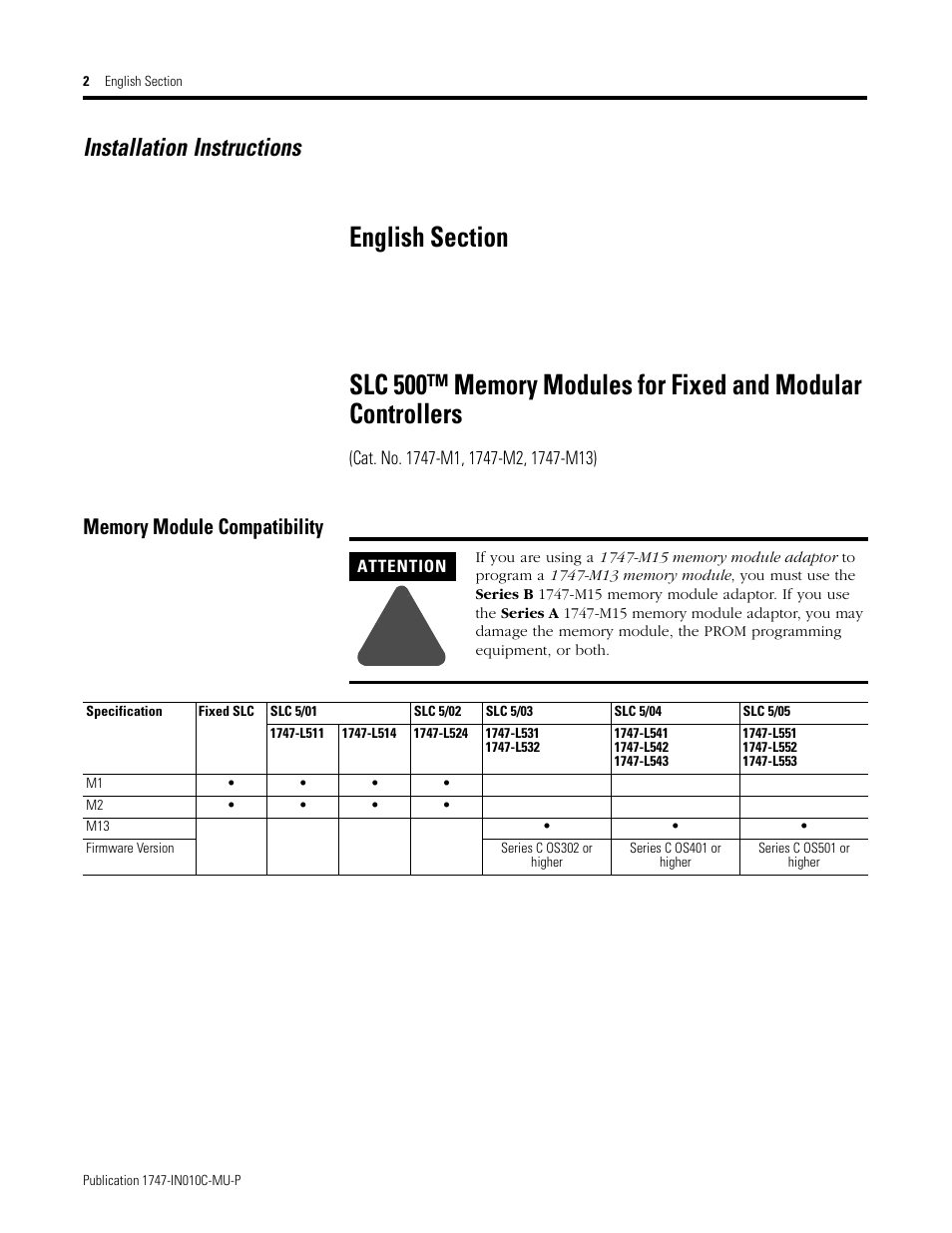 Memory module compatibility, English section, Installation instructions | Rockwell Automation 1747-Mx SLC 500 Memory Modules for Fixed and Modular Controllers User Manual | Page 2 / 12