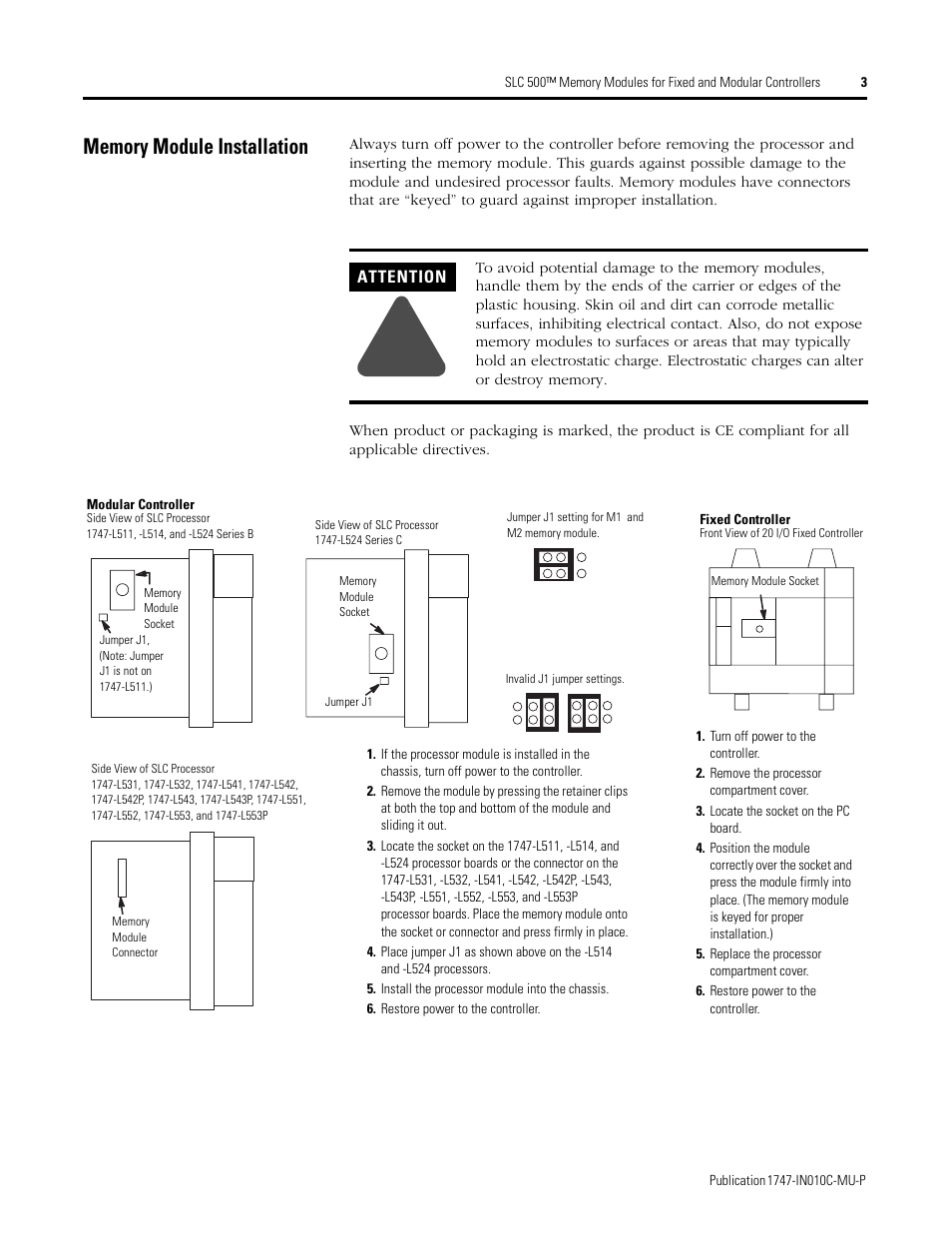Memory module installation | Rockwell Automation 1747-Mx SLC 500 Memory Modules for Fixed and Modular Controllers User Manual | Page 3 / 12