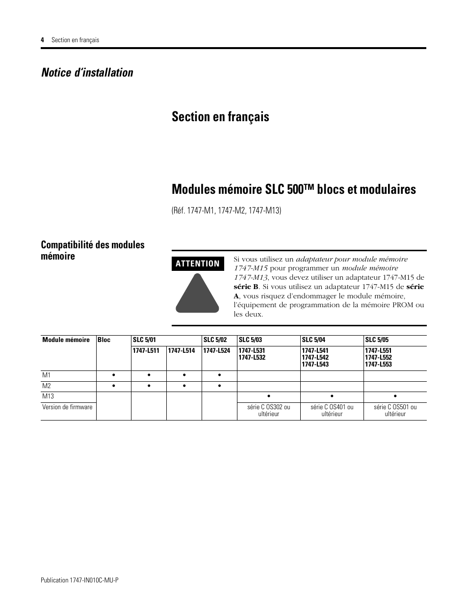 Modules mémoire slc 500™ blocs et modulaires, Compatibilité des modules mémoire, Section en français | Notice d‘installation | Rockwell Automation 1747-Mx SLC 500 Memory Modules for Fixed and Modular Controllers User Manual | Page 4 / 12