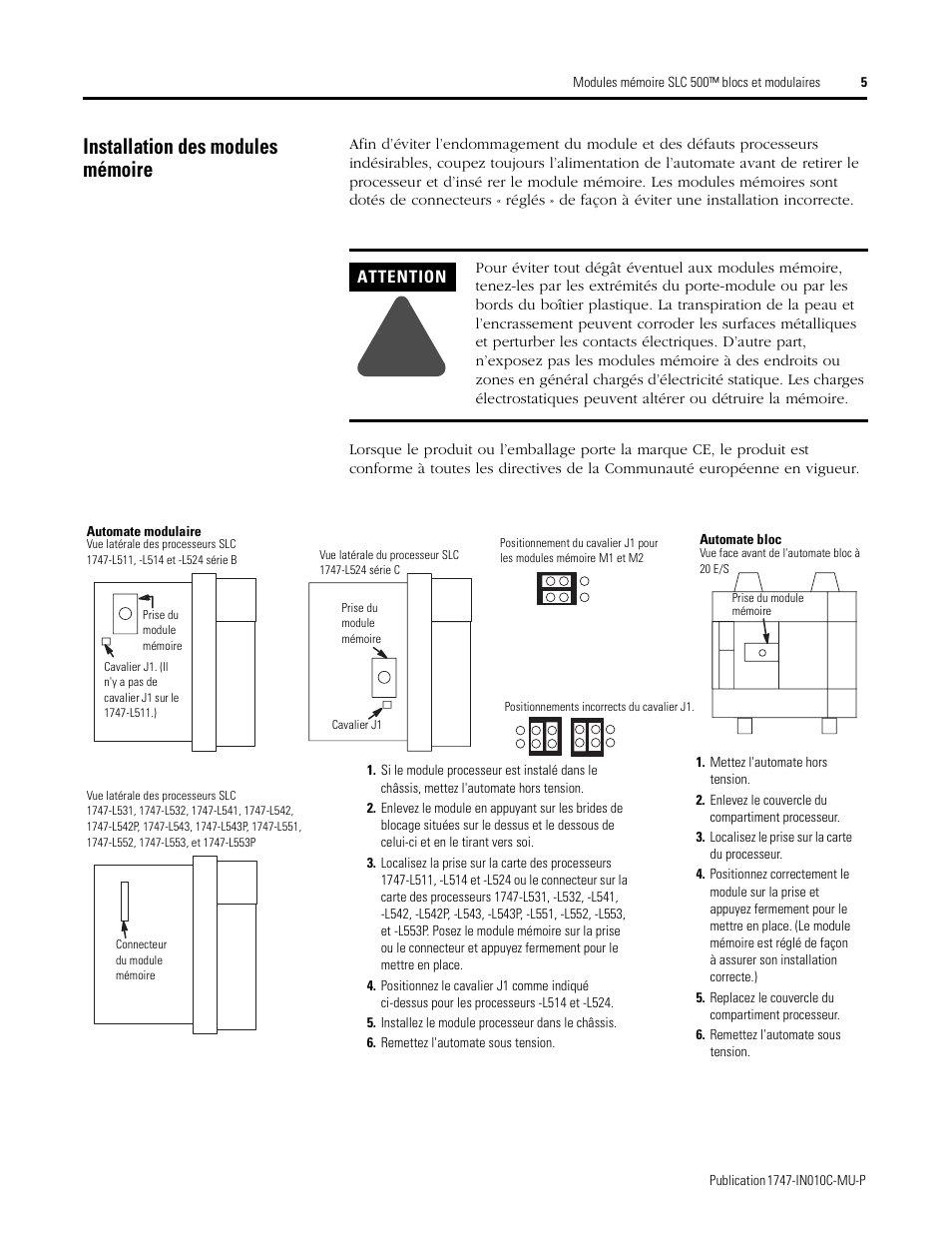 Installation des modules mémoire | Rockwell Automation 1747-Mx SLC 500 Memory Modules for Fixed and Modular Controllers User Manual | Page 5 / 12
