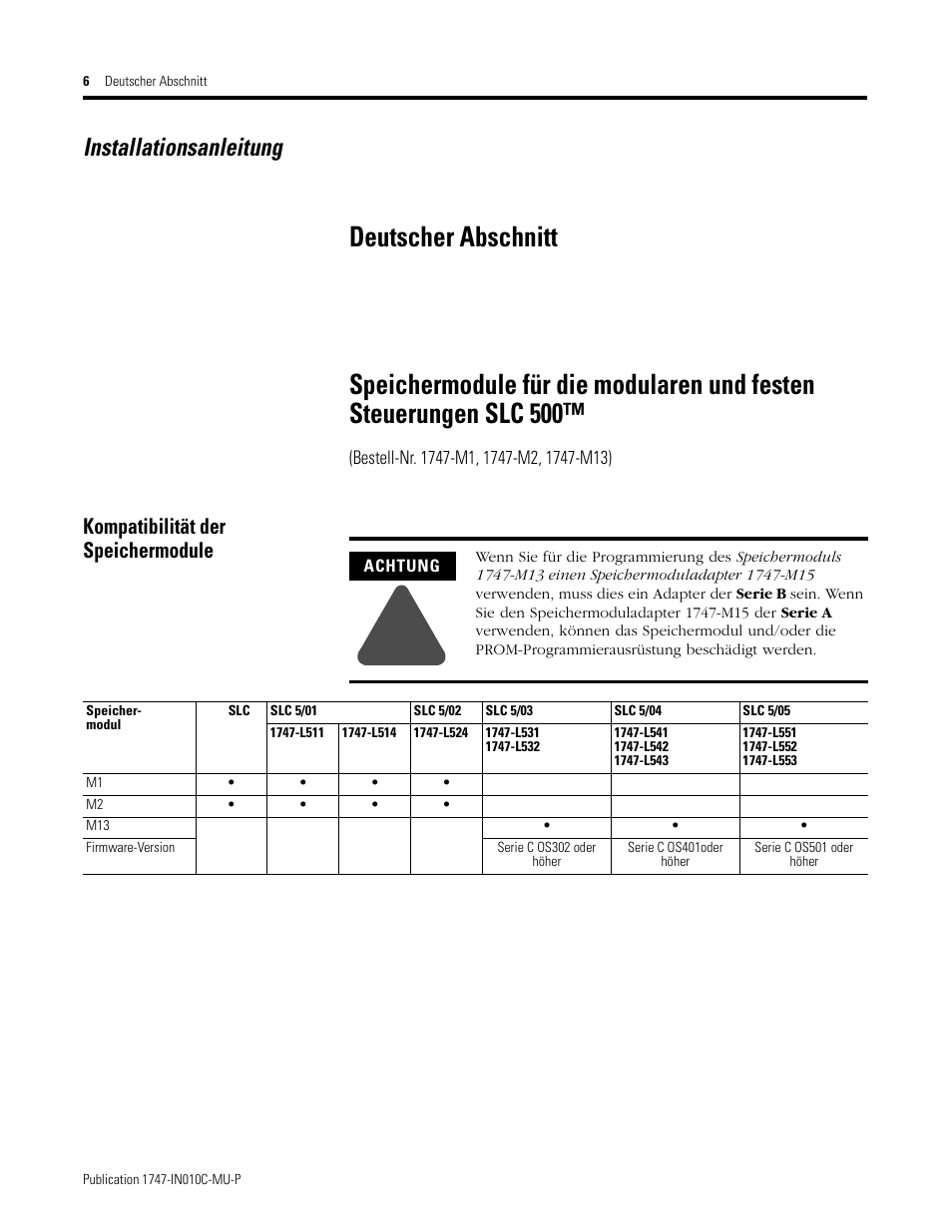 Kompatibilität der speichermodule, Deutscher abschnitt, Installationsanleitung | Rockwell Automation 1747-Mx SLC 500 Memory Modules for Fixed and Modular Controllers User Manual | Page 6 / 12