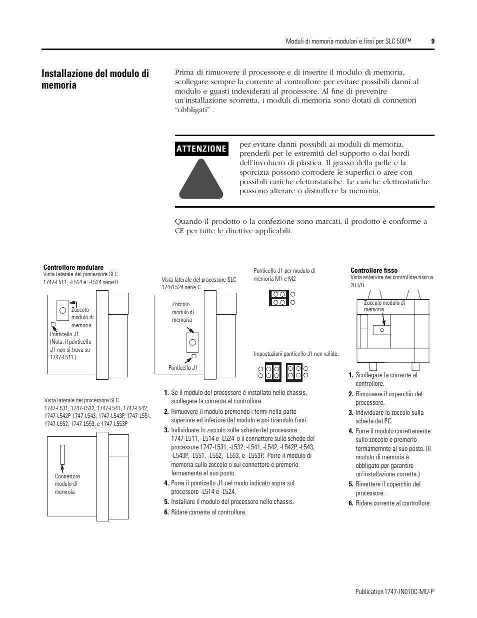Installazione del modulo di memoria | Rockwell Automation 1747-Mx SLC 500 Memory Modules for Fixed and Modular Controllers User Manual | Page 9 / 12