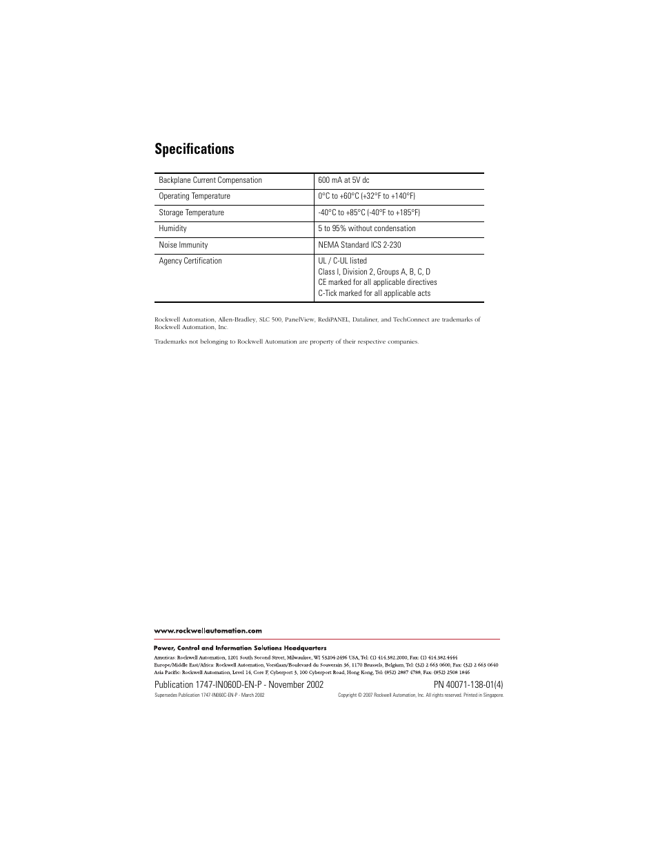 Specifications, Back cover | Rockwell Automation 1747-SN Remote I/O Scanner User Manual | Page 12 / 12