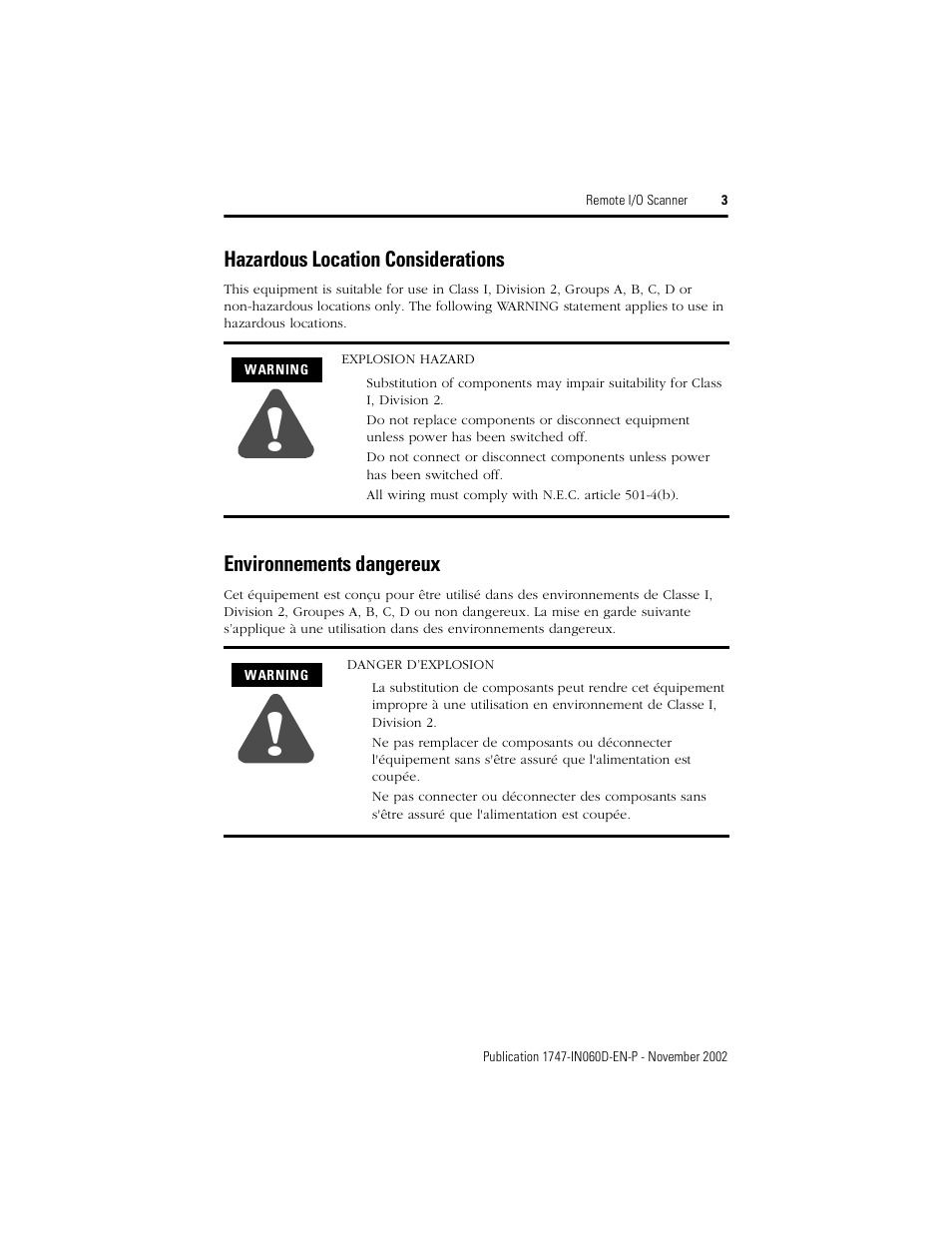 Hazardous location considerations, Environnements dangereux | Rockwell Automation 1747-SN Remote I/O Scanner User Manual | Page 3 / 12