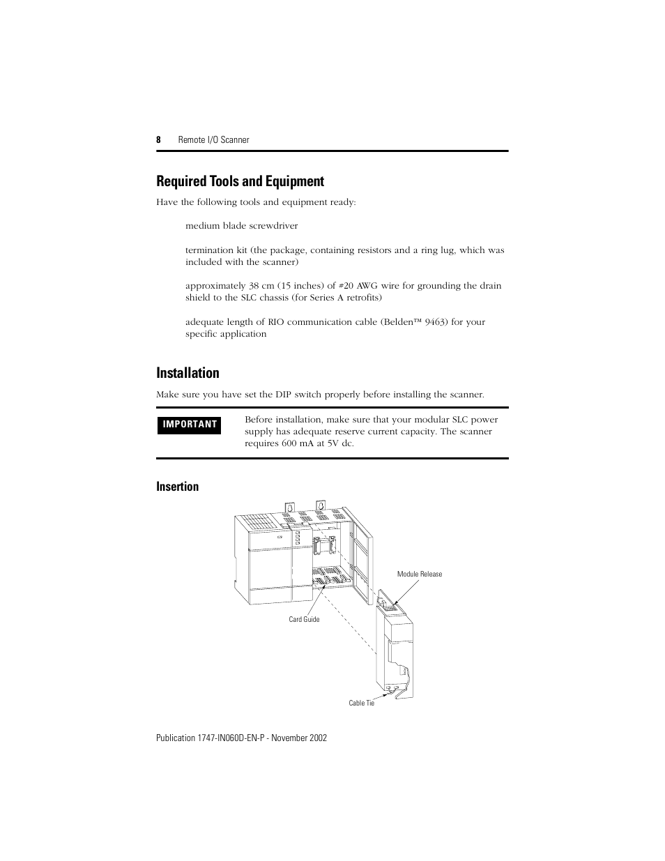 Required tools and equipment, Installation, Insertion | Rockwell Automation 1747-SN Remote I/O Scanner User Manual | Page 8 / 12