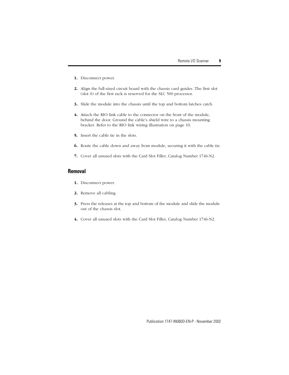 Removal | Rockwell Automation 1747-SN Remote I/O Scanner User Manual | Page 9 / 12