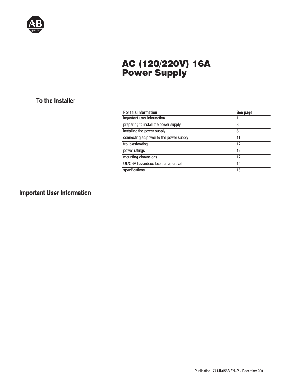 Rockwell Automation 1771-P7 AC (120/220V) 16A Power Supply Installation Instructions User Manual | 16 pages