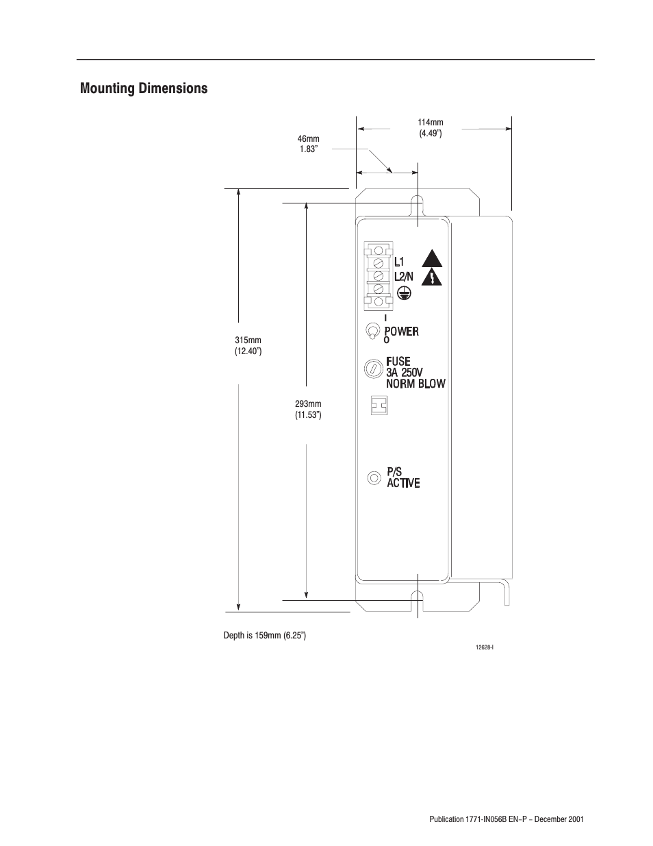 Mounting dimensions | Rockwell Automation 1771-P7 AC (120/220V) 16A Power Supply Installation Instructions User Manual | Page 13 / 16