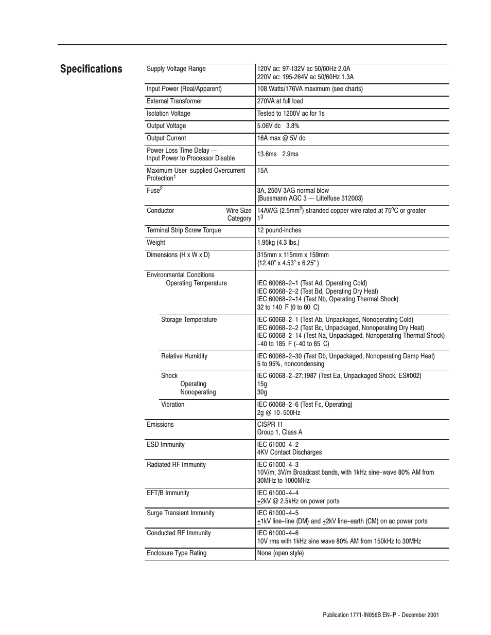 Specifications | Rockwell Automation 1771-P7 AC (120/220V) 16A Power Supply Installation Instructions User Manual | Page 15 / 16