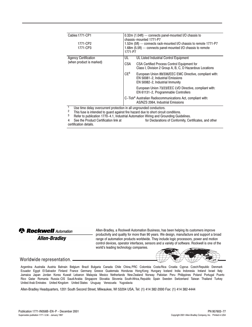 Worldwide representation | Rockwell Automation 1771-P7 AC (120/220V) 16A Power Supply Installation Instructions User Manual | Page 16 / 16