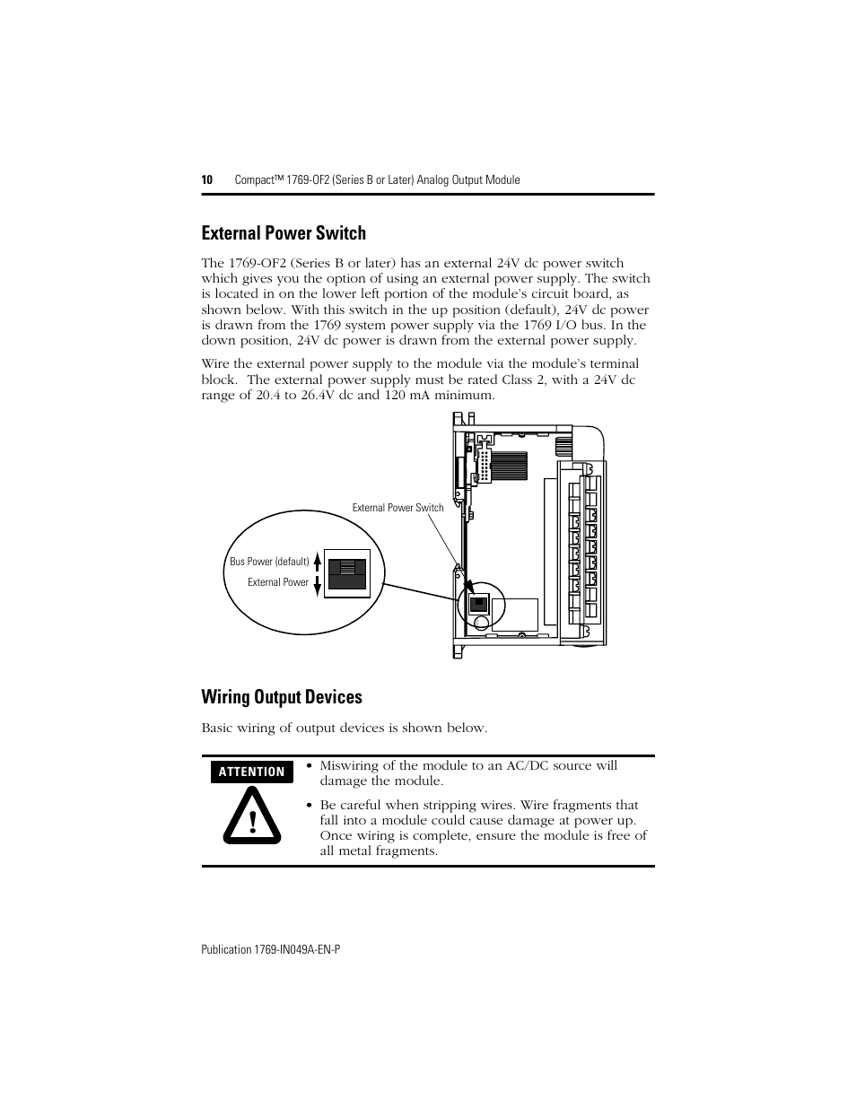 External power switch, Wiring output devices | Rockwell Automation 1769-OF2 Compact (Series B or Later) Analog Output Module User Manual | Page 10 / 24